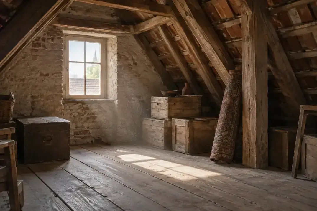 Dachboden eines alten Hauses mit Holzbalken, gestapelten Kisten, einer Truhe und einem zusammengerollten Teppich